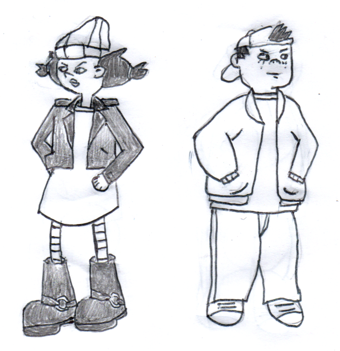 A drawing of Spinelli and T.J., two children. One is a girl with a knit cap, pigtails, leather jacket and boots. The other is a boy with a baseball cap, coat and jeans. They are both standing casually, Spinelli's hands on her hips and T.J.'s hands in his coat pockets.